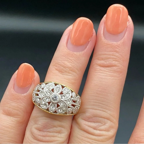 Vintage 90s Ornate Filigree Two-Tone Domed Cocktail Ring by Avon - Picture 2 of 16